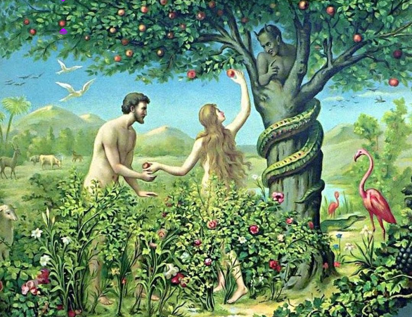 Original sin: The serpent-devil inveigling Eve to pick forbidden fruit
