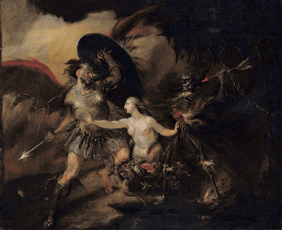 Satan as a warrior, Sin as a woman, and Death as a skeleton (Scene by Hogarth from Milton’s "Paradise Lost")