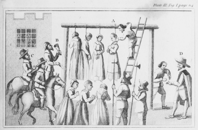 Drawing of women being hanged for witchcraft (Newcastle, England 1655)