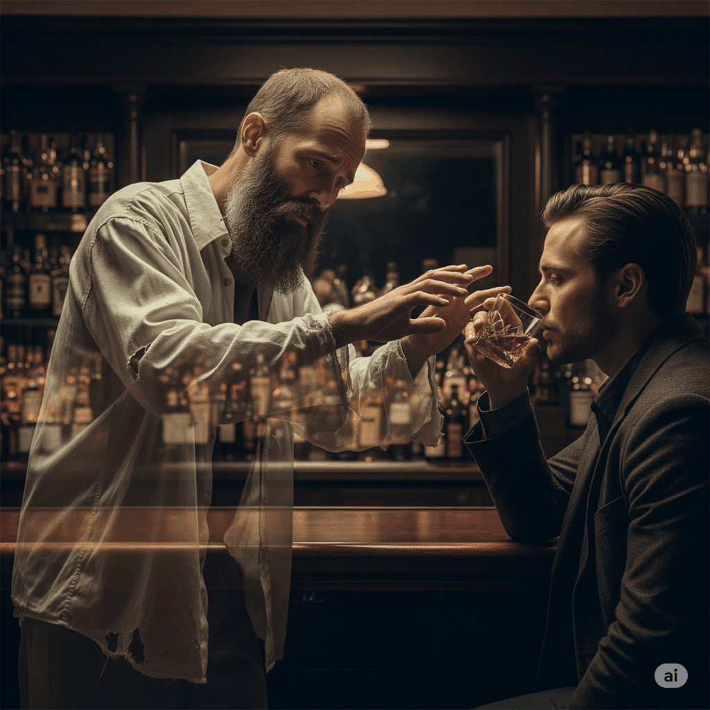 Alcoholic Ghost Tying to Grab a Glass of Wiskey from a Man's Hand