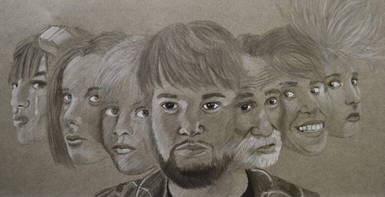 Sketch of man with six alternate personalities