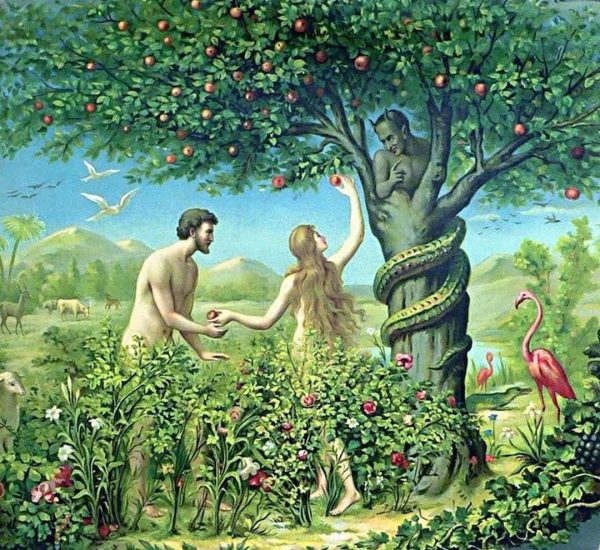 Adam and Eve picking the forbidden fruit